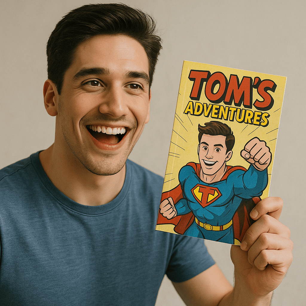 Tom als KI-generierter Superheld - Beispiel für personalisiertes Comic Buch mit eigenem Foto - verwandle dich in einen Comic-Helden